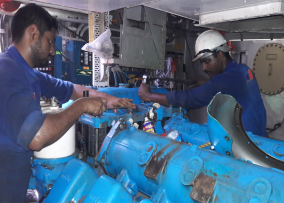 MTU engine dismantling in progress inside an Indian Naval vessel