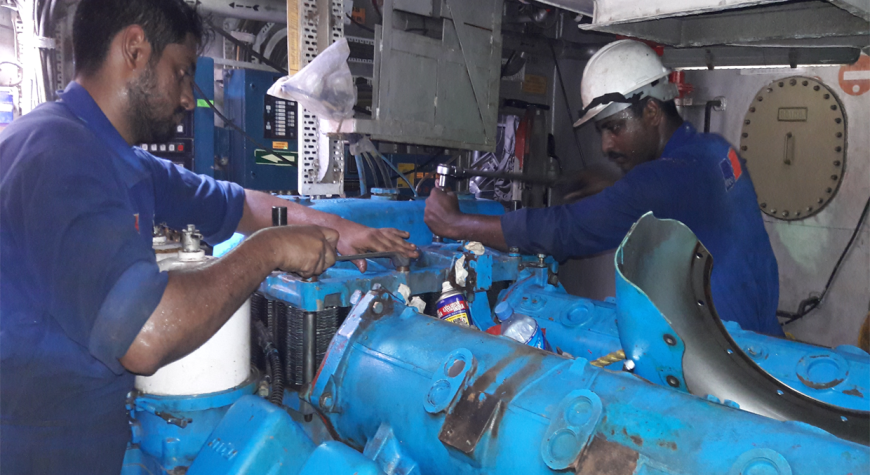 MTU engine dismantling in progress inside an Indian Naval vessel