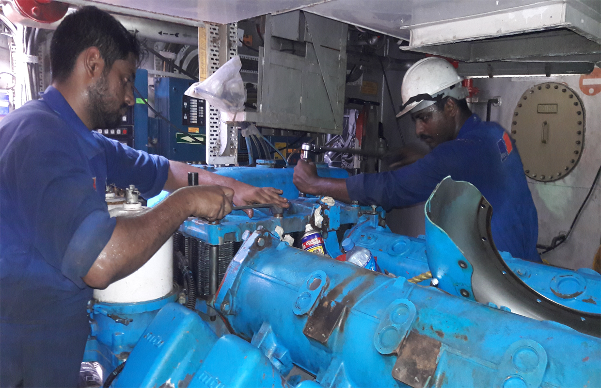 MTU engine dismantling in progress inside an Indian Naval vessel